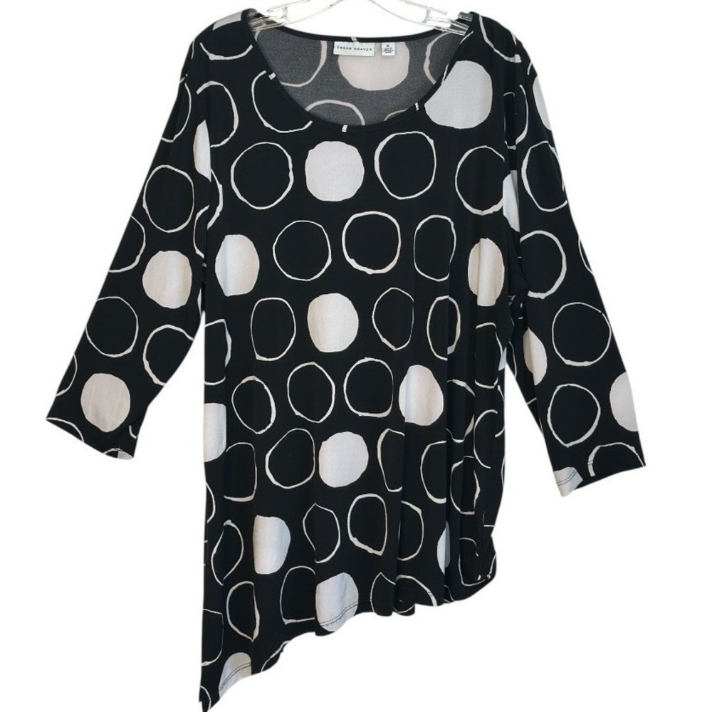 Susan Graver Top Black White Circle Print Liquid Knit Asymmetrical Sharkbite XL